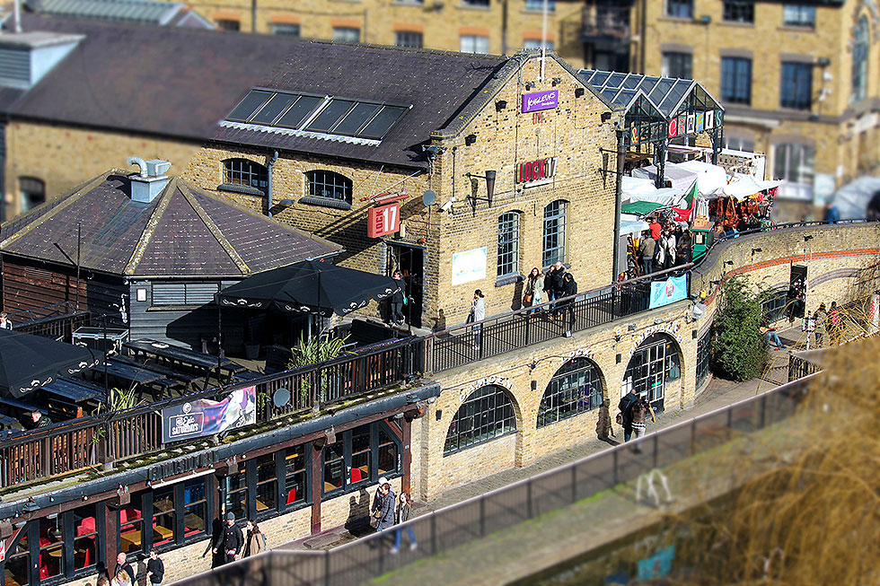 A tilt-shift image of the Camden Lock Market and Lock 17, taken from my balcony at the Holiday Inn - Camden Market, Camden Town, London - Tily Travels.