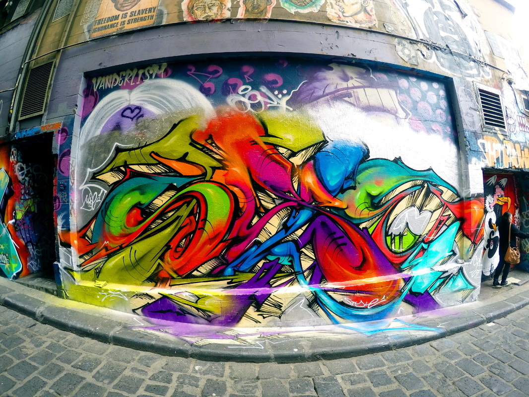 Hosier Lane Street Art, Melbourne, Australia, September 2015 - Piece by Duke Grimo. 