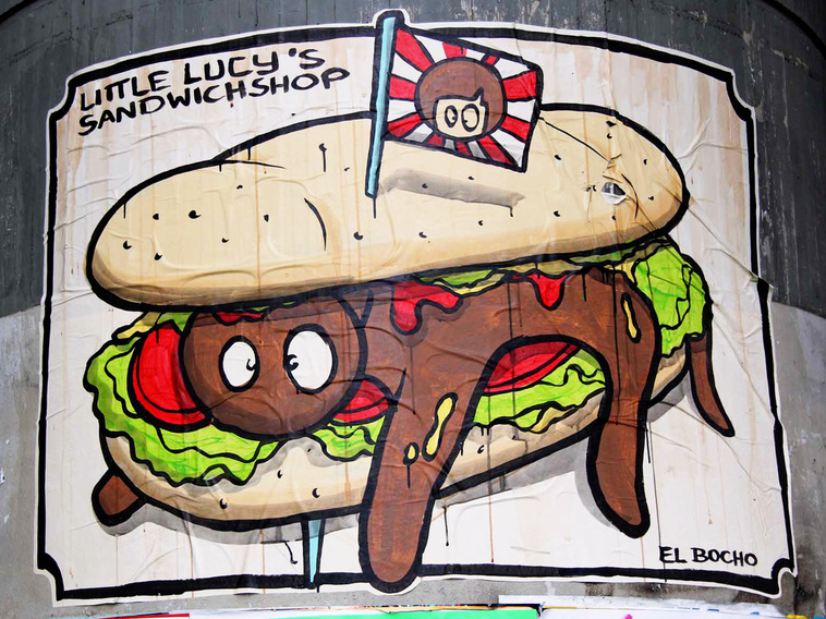 Street Art in Berlin, El Bocho - Little Lucy, cat sandwich.