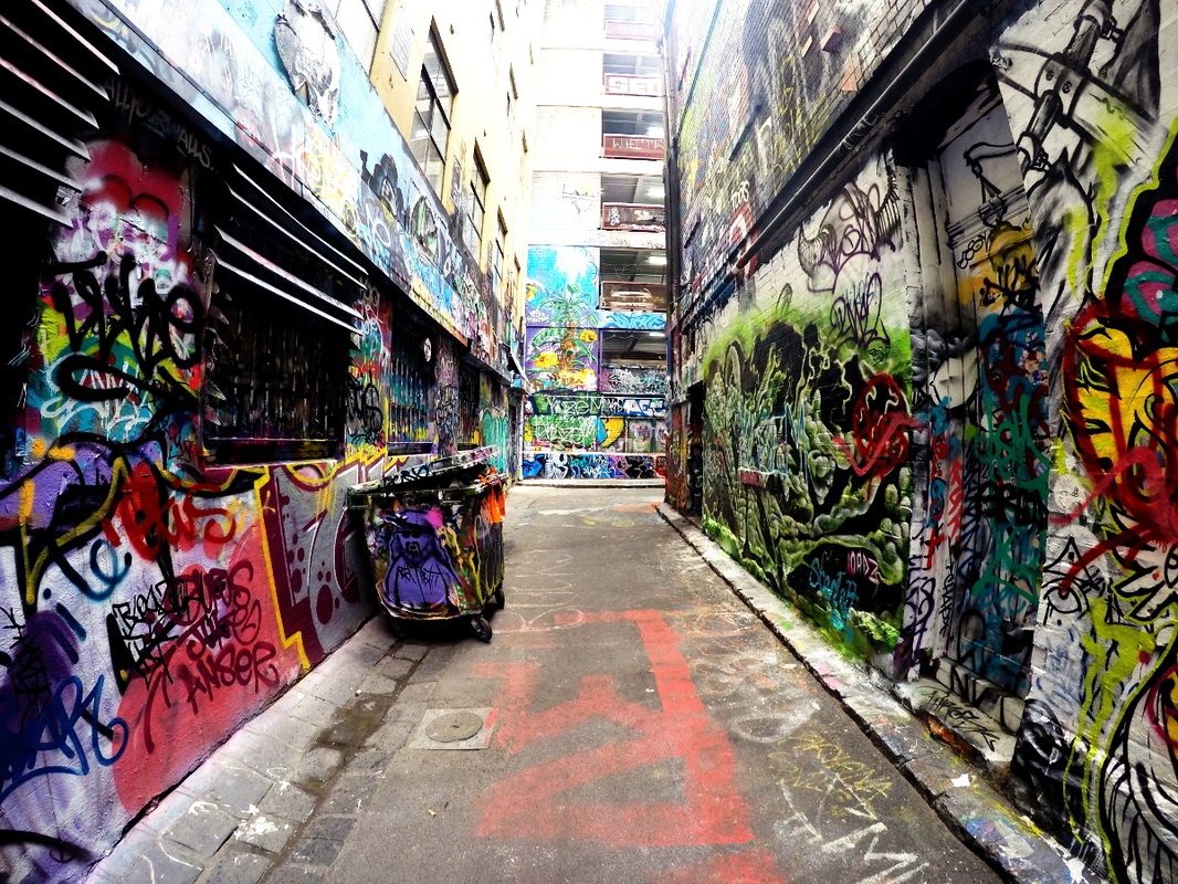 Hosier Lane Street Art, Melbourne, Australia, September 2015 - View of Rutledge Lane.