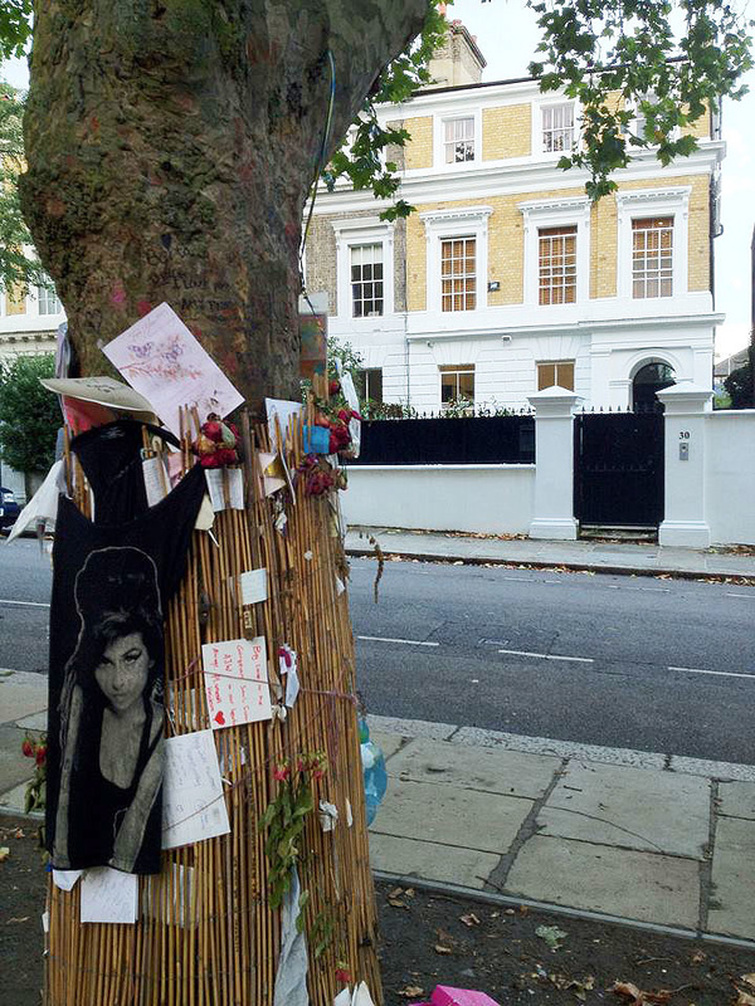 One of two tree shrines located across the road from Amy Winehouse's former home - Camden Town, London England - Tily Travels.