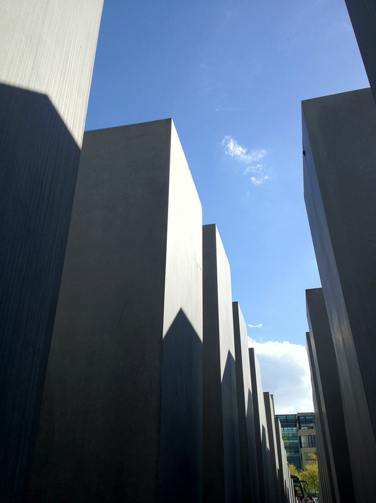 Holocaust Memorial, Berlin, Germany - Looking up from the center of the columns.