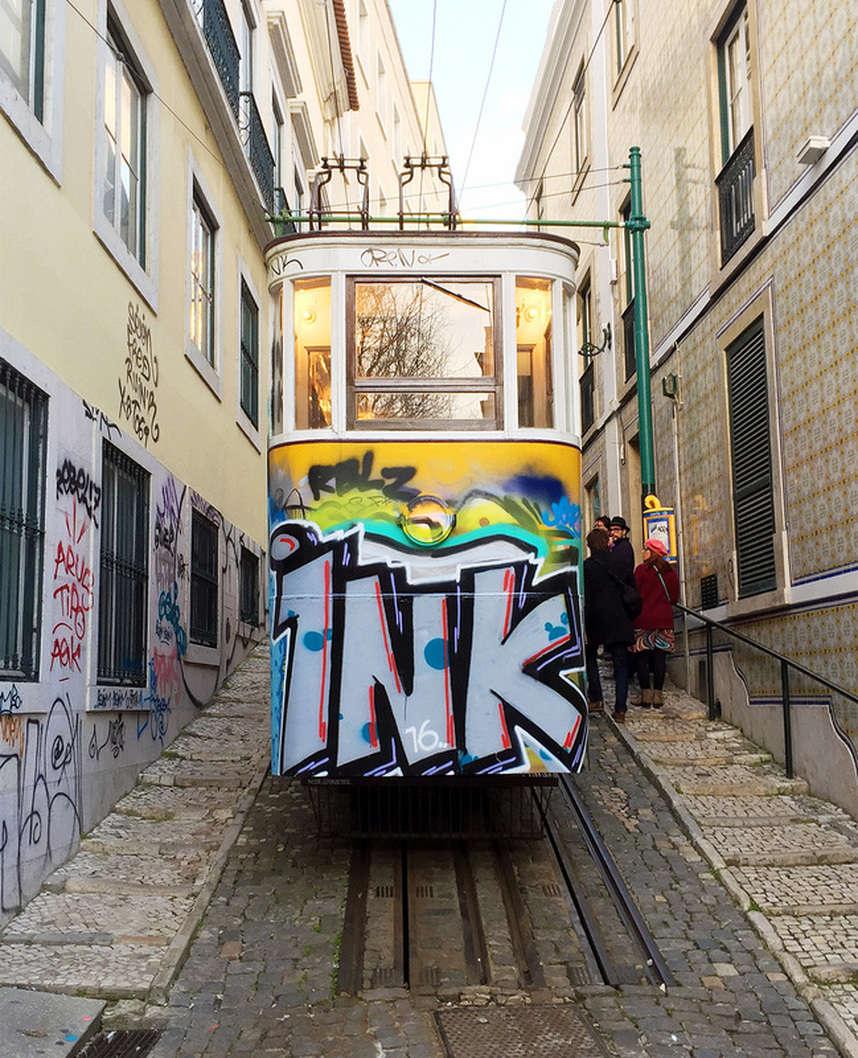 The Ascensor do Lavra (Lavra Tram) covered in graffiti (ink) on Calçada do Lavra, Lisbon, Portugal. Street art Lisbon.