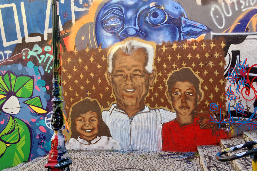 Family portrait by unknown artist - Street art and graffiti in Calcada do Lavra stairway, Lisbon, Portugal - Calçada do Lavra street art.