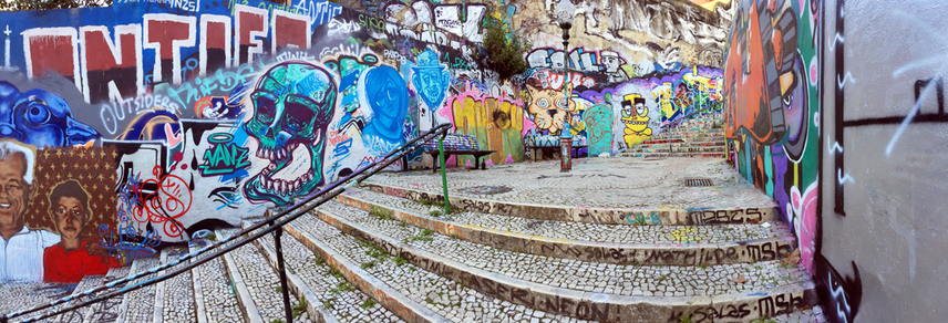 Street art and graffiti covered Calcada do Lavra stairway, Lisbon, Portugal - Calçada do Lavra street art.