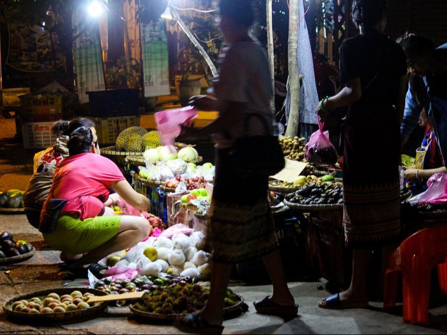 A fruit stalls at the beginning of Food Street/ Street Food Market, Luang Prabang, Laos.