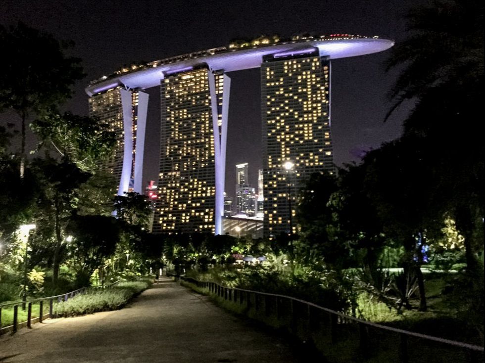 The Spaceship has landed. The Marina Bay Sands Hotel at night. Singapore.