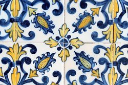 Close up of blue and yellow decorative Azulejos - Baixa district, Lisbon - Portugal.