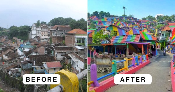 Colourful Kampung Pelangi (The Rainbow Village) Photo Diary.Before and after. Wonosari, Semarang, Java, Indonesia.