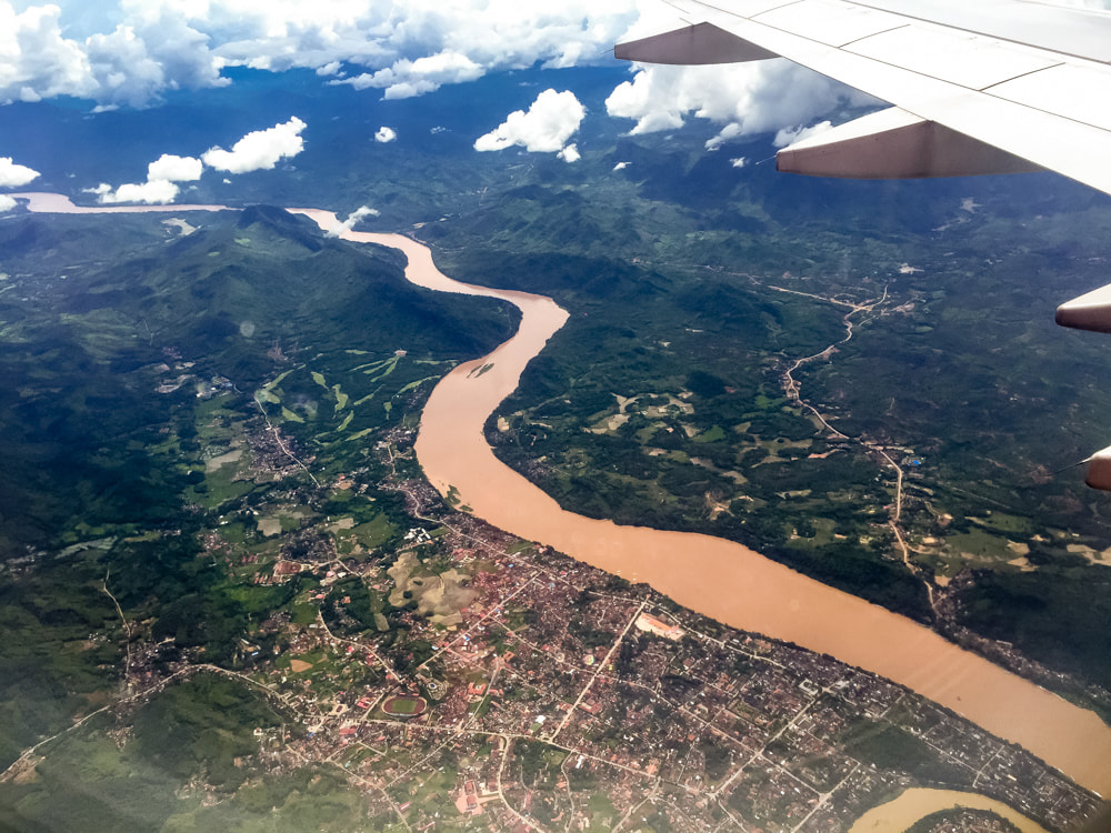 Flying over the Mekong River on arrival into Luang Prabang, Laos. AirAsia Flight 617.
