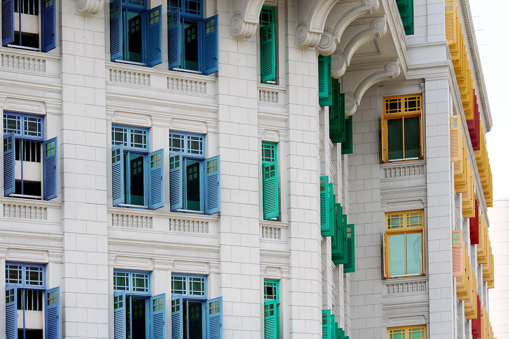 The colourful shutters on the windows of the Ministry of Information, Communications and Arts building in Singapore. 