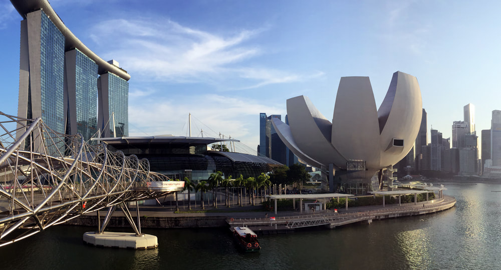 Singapore City, captured from the Helix Bridge, and overlooking the Marina Bay Sands Hotel and the ArtScience Museum.
