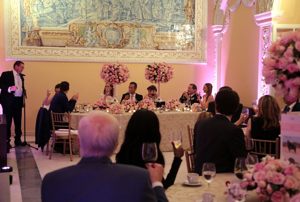 The elegant Nobre room/ dining room and rose centrepieces - Wedding speeches - Penha Longa Monastery, Penha Longa Resort, Sintra, Portugal - Vitor Bastos Fotografia - www.tilytravels.com 
