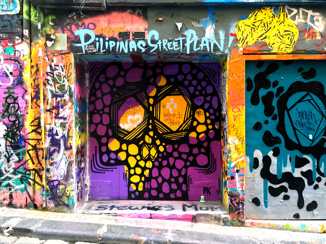 Hosier Lane Street Art, Melbourne, Australia, February 2016 - Skull in Hosier Lane by PK.