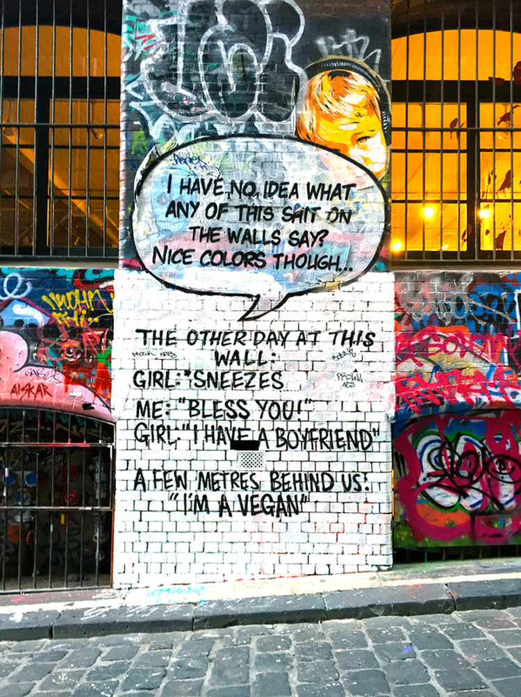 Hosier Lane Street Art, Melbourne, Australia, February 2016 - Overheard at the wall... Artist unknown.