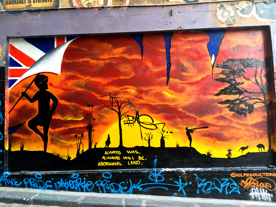 Hosier Lane Street Art, Melbourne, Australia, February 2016 - Aboriginal land by Kil Productions.