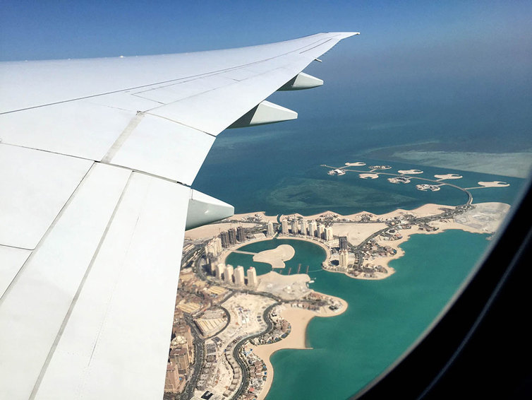 Qatar Airways free Doha city tour - Flying over Pearl Island in construction, Qatar