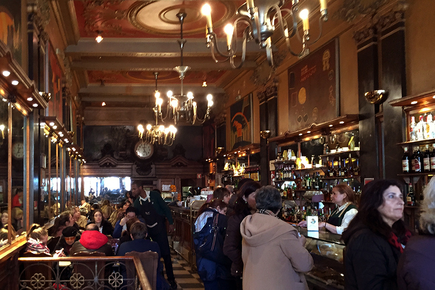 Busy cafe, full of customers - Art Deco interior of Café a Brasileira, Lisbon, Portugal