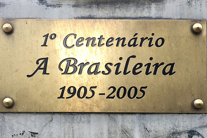Café a Brasileira centenary plaque, Lisbon, Portugal.