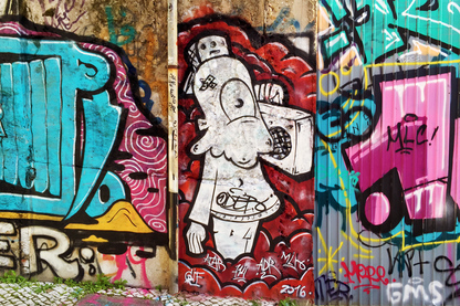 Street art and graffiti in Calcada do Lavra stairway, Lisbon, Portugal - Calçada do Lavra street art.