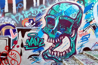 Skull by Vanz - Street art and graffiti in Calcada do Lavra stairway, Lisbon, Portugal - Calçada do Lavra street art.