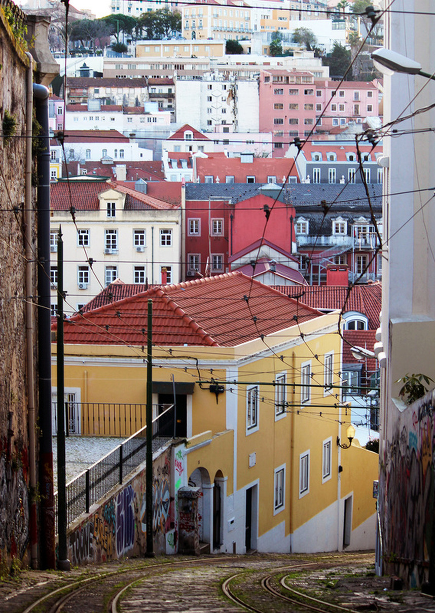 Landscape/ cityscape view of Lisbon from Calcada do Lavra, Lisbon graffiti, Portugal - Calçada do Lavra street art.