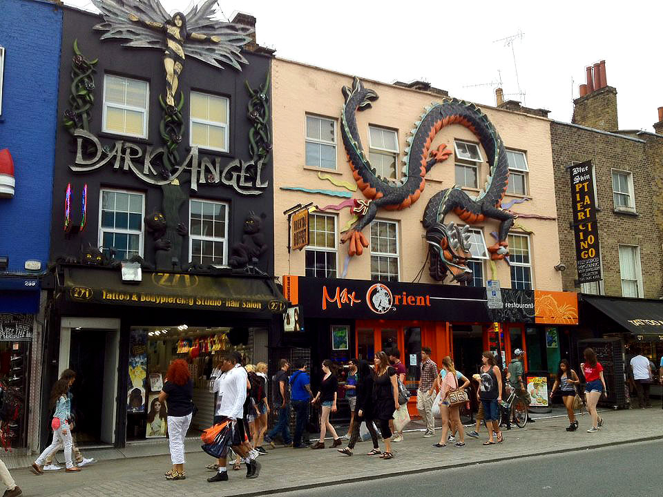The decorative shop facades of Dark Angel Tattoo & Body Piercing and Max Orient - Camden Town, London England - Tily Travels.