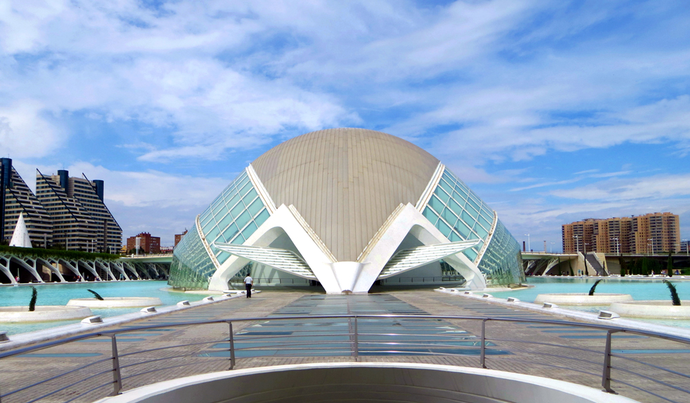 Futuristic architecture, L'Hemisfèric, City of Arts and Sciences, Valencia, Spain.