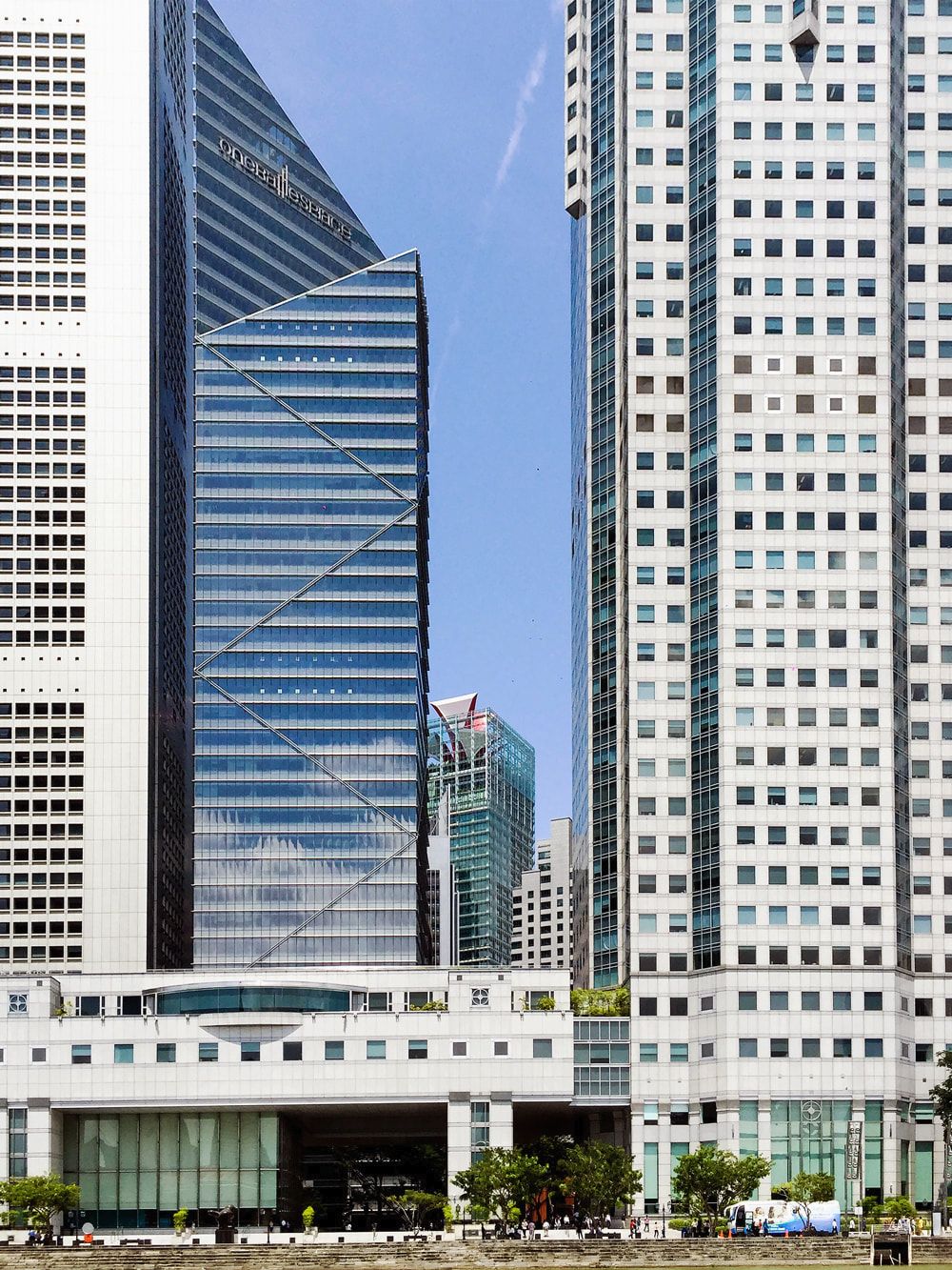 A close up of One Raffles place. The location of Singapore's tallest skyscraper, UOB Plaza One.