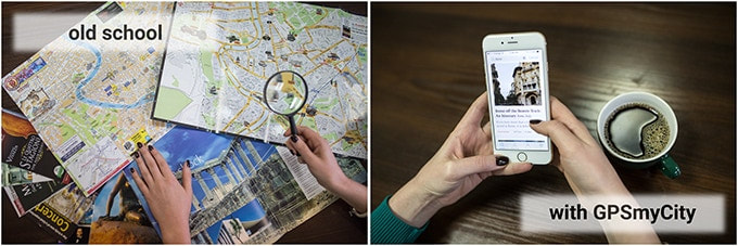Searching via map vs searching online. GPSmyCity smartphone application. iOS, Android, Apple, Samsung.