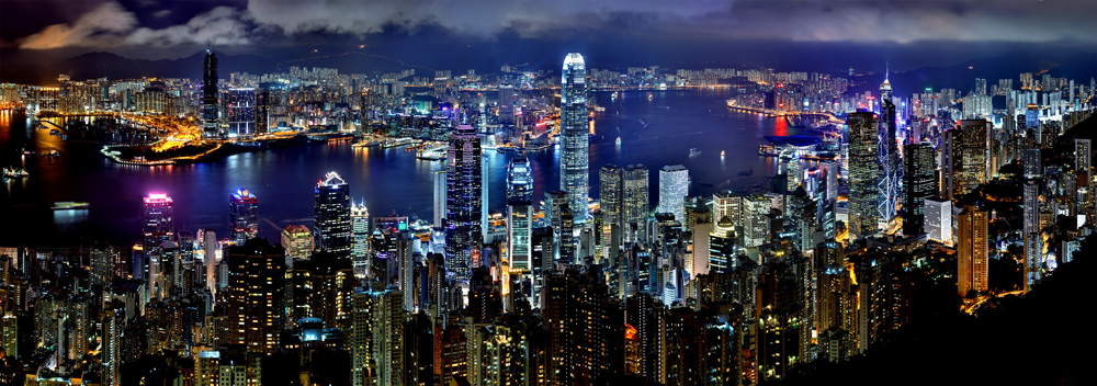 Hong Kong skyline at night, photo via Wikipedia.
