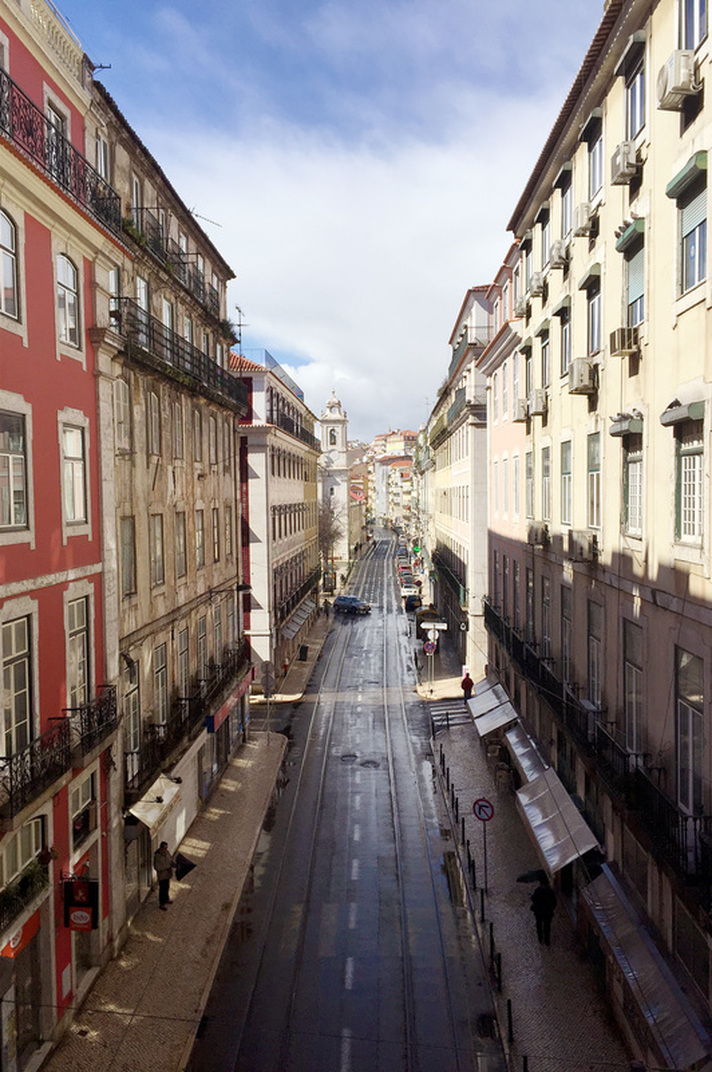 An almost deserted Rua de São Paulo in Lisbon's Barrio Alto district - Portugal.