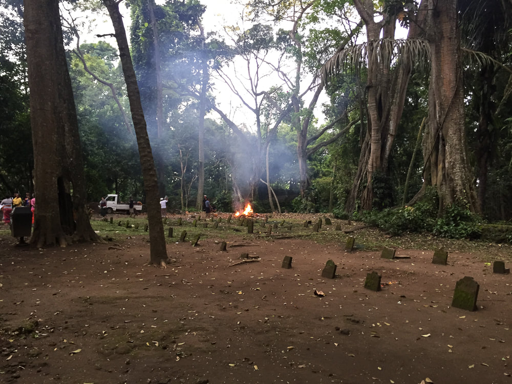 The burial ground adjacent to Pura Prajapati (the Cremation Temple). Sacred Monkey Forest Sanctuary, Ubud, Bali, Indonesia.