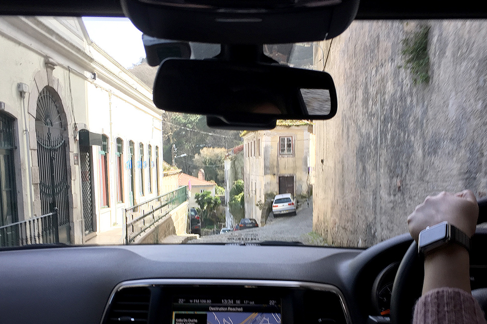 Inside the Jeep driving through the narrow streets of Sintra. - The Fairytale Historic Centre of Sintra, Portugal - www.tilytravels.com