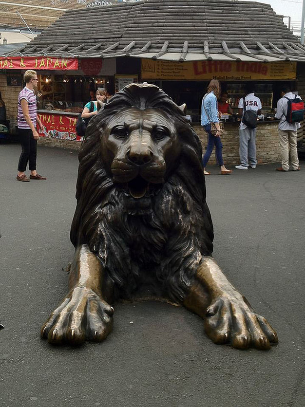 The bronze lion statue in the now demolished Camden Lock Village - Camden Market, Camden Town, London - Tily Travels.