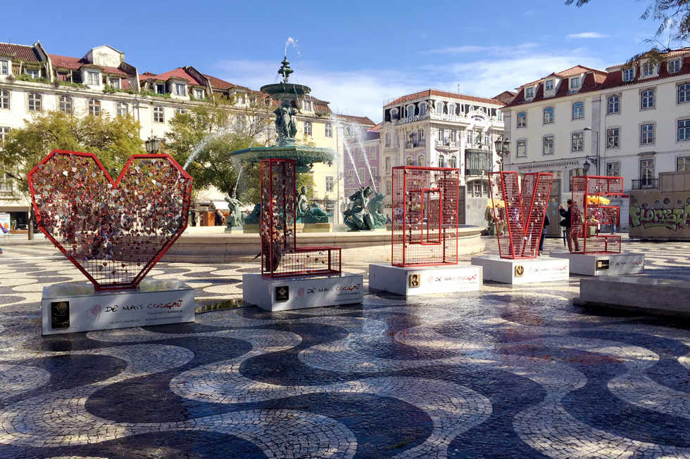 Valentines Day love locks exhibit in Pedro IV/ Rossio Square, Lisbon, Portugal.