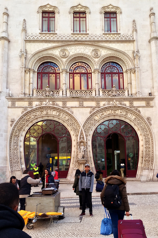 The beautiful European entrance doors of Rossio Train Station, Lisbon, Portugal.